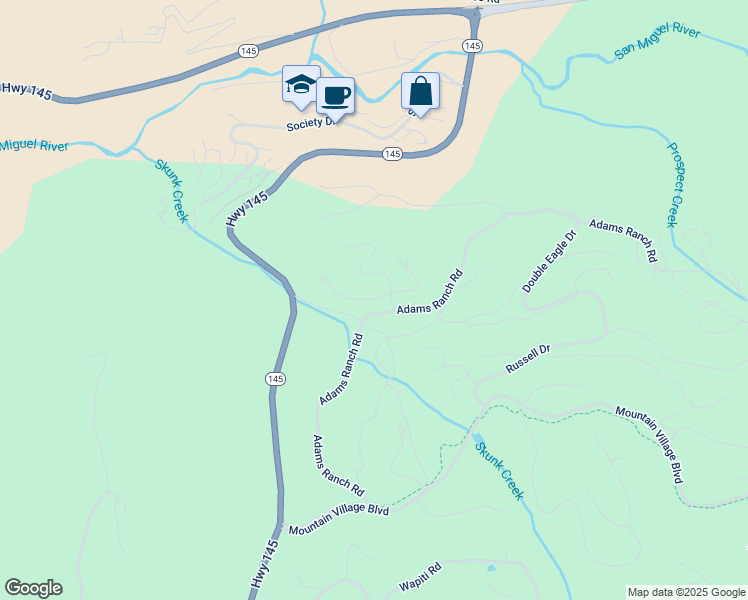 map of restaurants, bars, coffee shops, grocery stores, and more near 111 Adams Way in Mountain Village