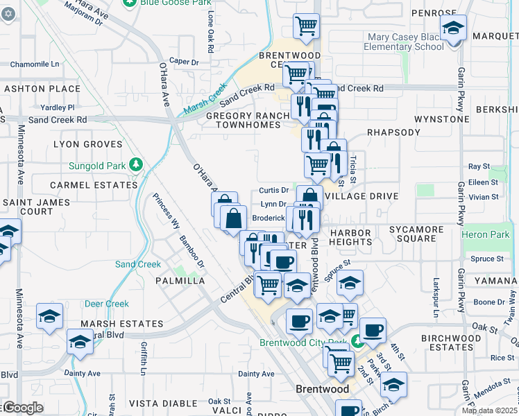 map of restaurants, bars, coffee shops, grocery stores, and more near 200 Lynn Drive in Brentwood