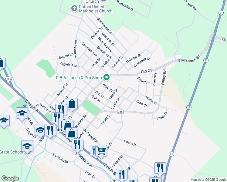 map of restaurants, bars, coffee shops, grocery stores, and more near 906 Stone Street in Potosi