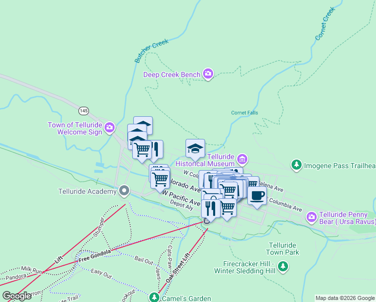 map of restaurants, bars, coffee shops, grocery stores, and more near 501-557 Curtis Dr in Telluride