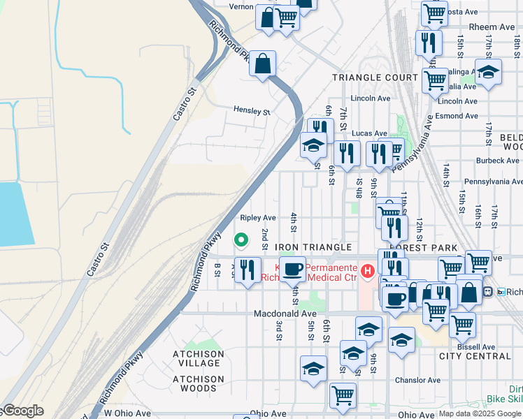 map of restaurants, bars, coffee shops, grocery stores, and more near 619 2nd Street in Richmond
