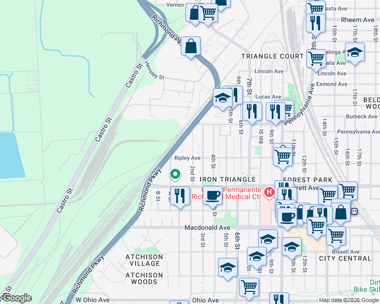 map of restaurants, bars, coffee shops, grocery stores, and more near 619 2nd Street in Richmond