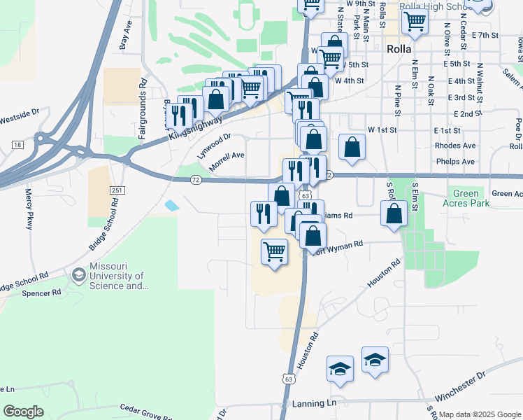 map of restaurants, bars, coffee shops, grocery stores, and more near 1000 Strobach Street in Rolla
