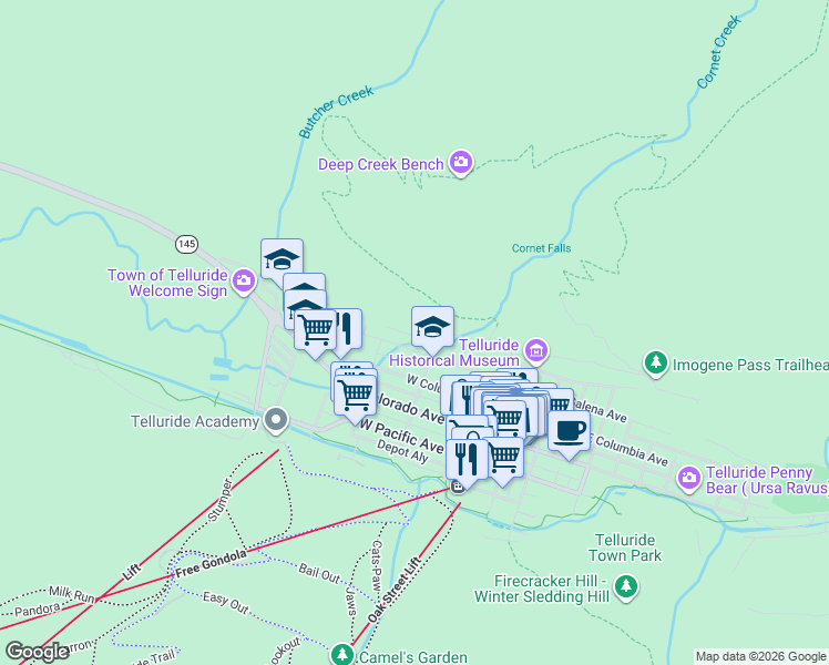 map of restaurants, bars, coffee shops, grocery stores, and more near 501-557 Curtis Dr in Telluride