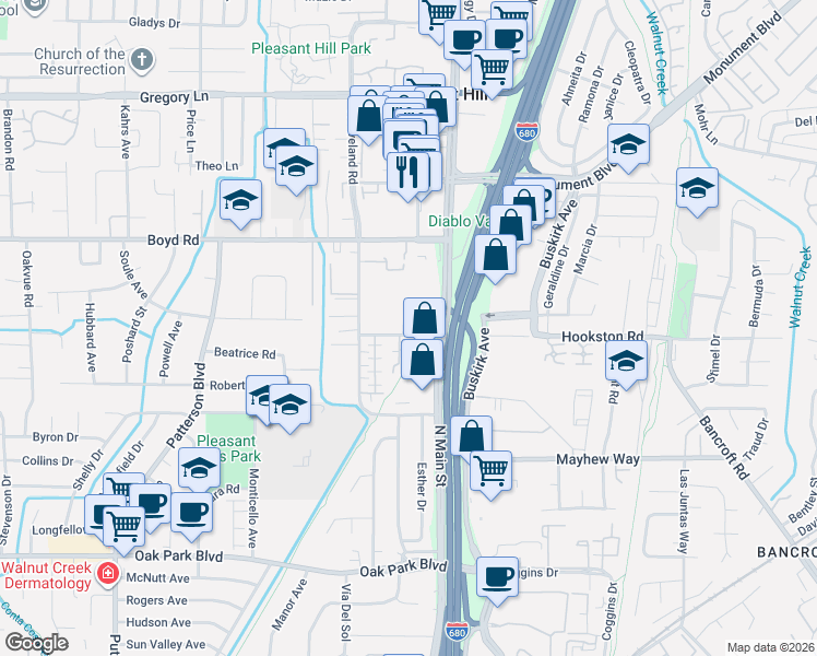 map of restaurants, bars, coffee shops, grocery stores, and more near 80 West Hookston Road in Pleasant Hill