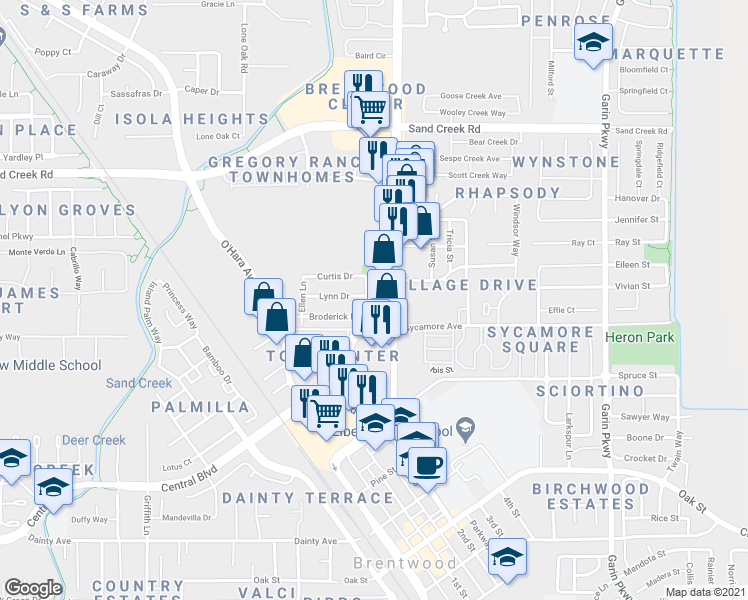 map of restaurants, bars, coffee shops, grocery stores, and more near 1348 Berry Lane in Brentwood