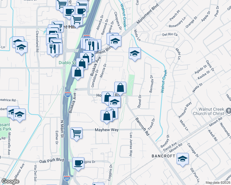 map of restaurants, bars, coffee shops, grocery stores, and more near 2495 Estand Way in Pleasant Hill