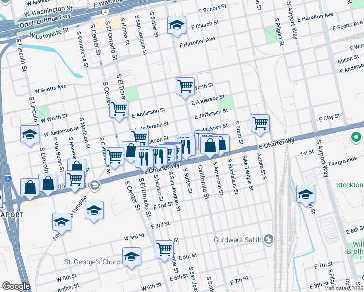 map of restaurants, bars, coffee shops, grocery stores, and more near 1242 South Sutter Street in Stockton