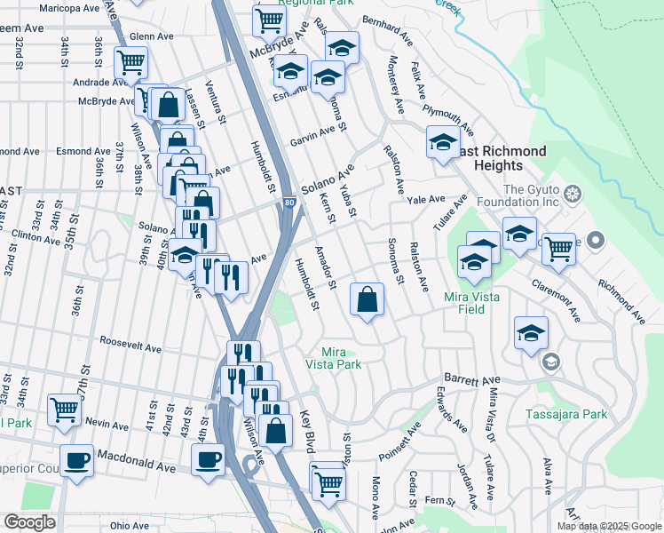 map of restaurants, bars, coffee shops, grocery stores, and more near 664 Amador Street in Richmond
