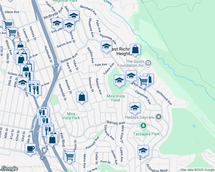 map of restaurants, bars, coffee shops, grocery stores, and more near 5866 Sierra Avenue in Richmond
