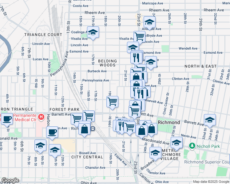 map of restaurants, bars, coffee shops, grocery stores, and more near 629 20th Street in Richmond