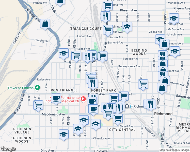 map of restaurants, bars, coffee shops, grocery stores, and more near 657 11th Street in Richmond