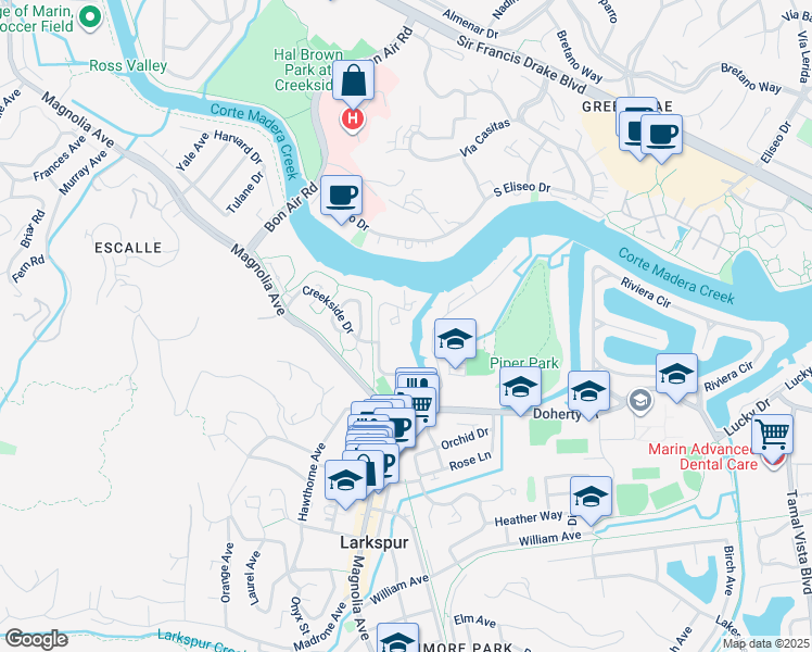 map of restaurants, bars, coffee shops, grocery stores, and more near 12 Boardwalk One in Larkspur