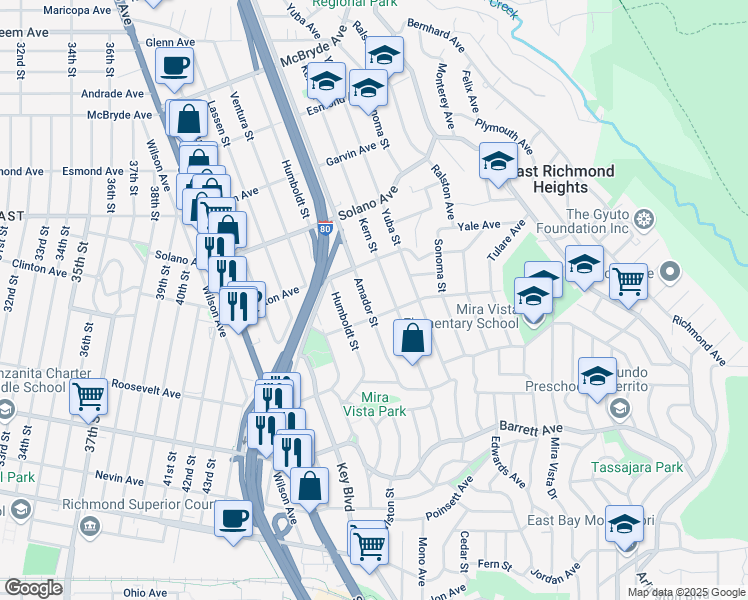 map of restaurants, bars, coffee shops, grocery stores, and more near 664 Amador Street in Richmond