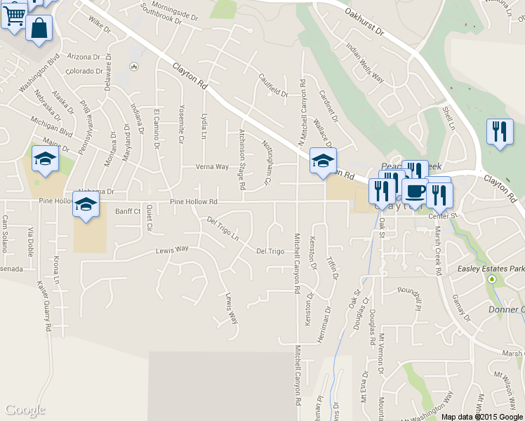 map of restaurants, bars, coffee shops, grocery stores, and more near 5800 Pine Hollow Road in Clayton