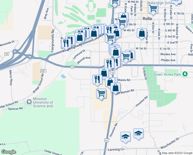 map of restaurants, bars, coffee shops, grocery stores, and more near 217 South Adrian Avenue in Rolla