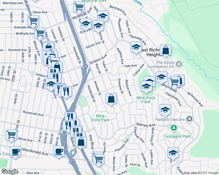 map of restaurants, bars, coffee shops, grocery stores, and more near 5521 Sierra Avenue in Richmond