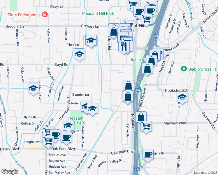 map of restaurants, bars, coffee shops, grocery stores, and more near 190 Cleaveland Road in Pleasant Hill