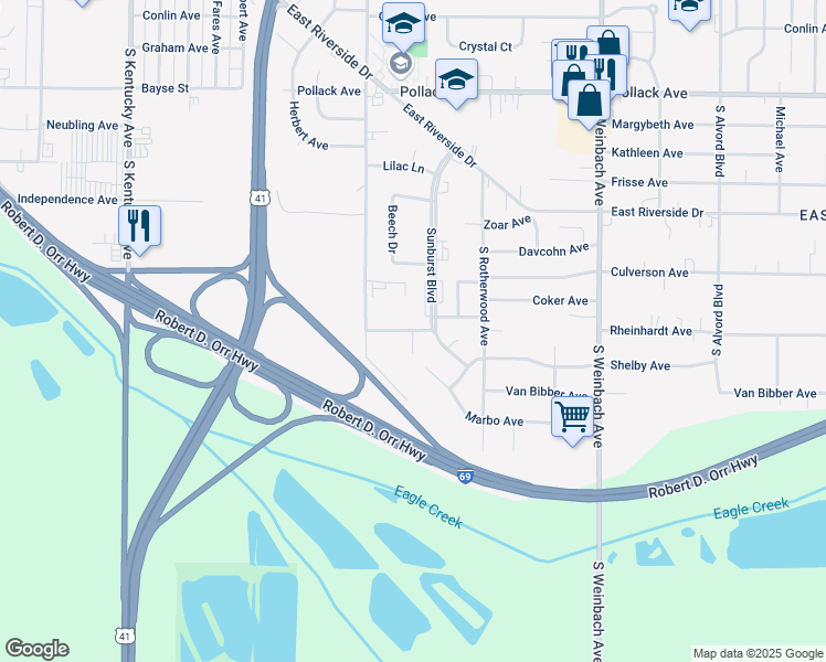 map of restaurants, bars, coffee shops, grocery stores, and more near 1500 Van Bibber Avenue in Evansville