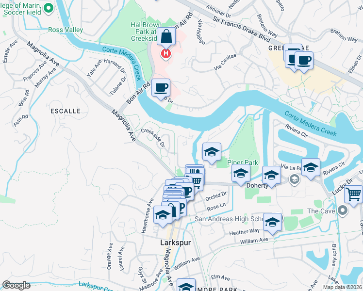 map of restaurants, bars, coffee shops, grocery stores, and more near 342 Larkspur Plaza Drive in Larkspur
