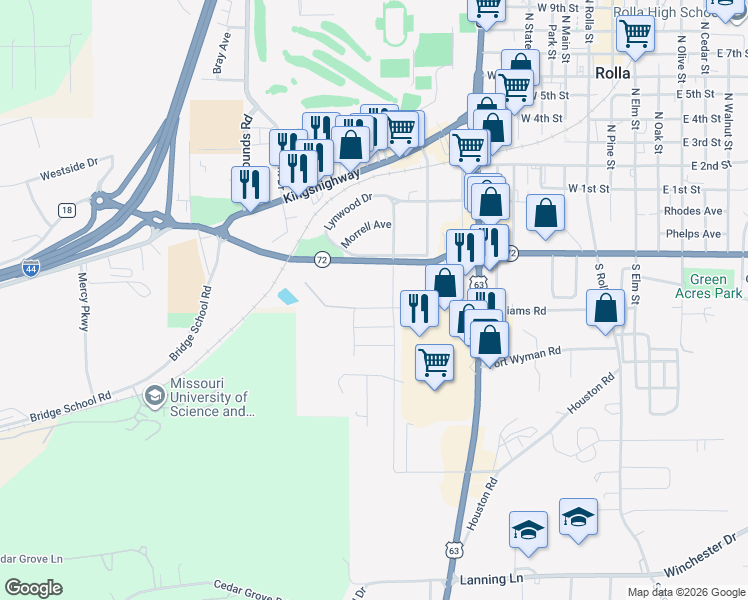 map of restaurants, bars, coffee shops, grocery stores, and more near 1102 Strobach Street in Rolla