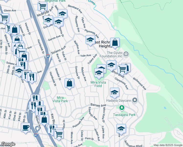 map of restaurants, bars, coffee shops, grocery stores, and more near 5866 Sierra Avenue in Richmond