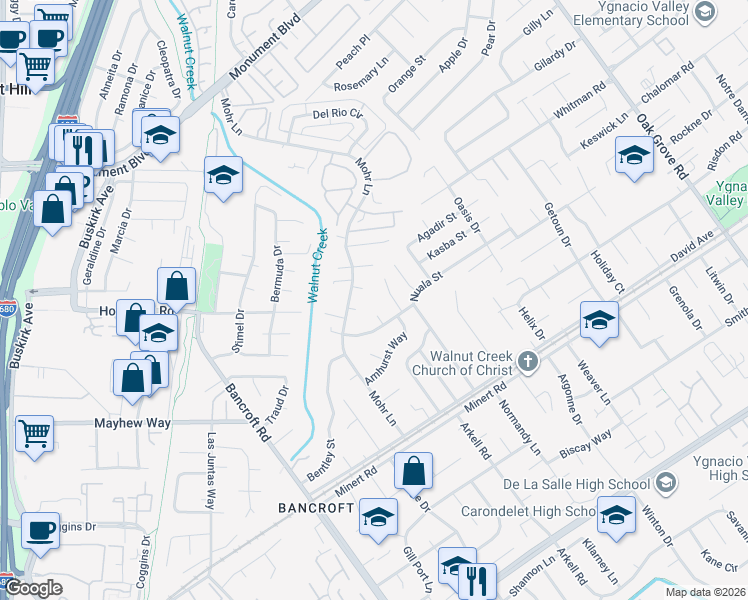 map of restaurants, bars, coffee shops, grocery stores, and more near 1516 Wicket Court in Concord