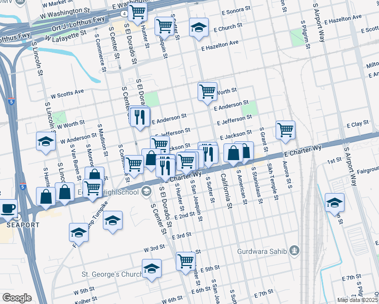 map of restaurants, bars, coffee shops, grocery stores, and more near 16 South San Joaquin Street in Stockton
