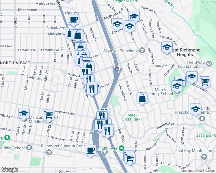map of restaurants, bars, coffee shops, grocery stores, and more near 5112 Clinton Avenue in Richmond