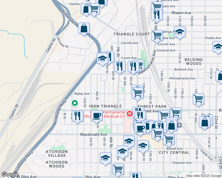 map of restaurants, bars, coffee shops, grocery stores, and more near 625 6th Street in Richmond
