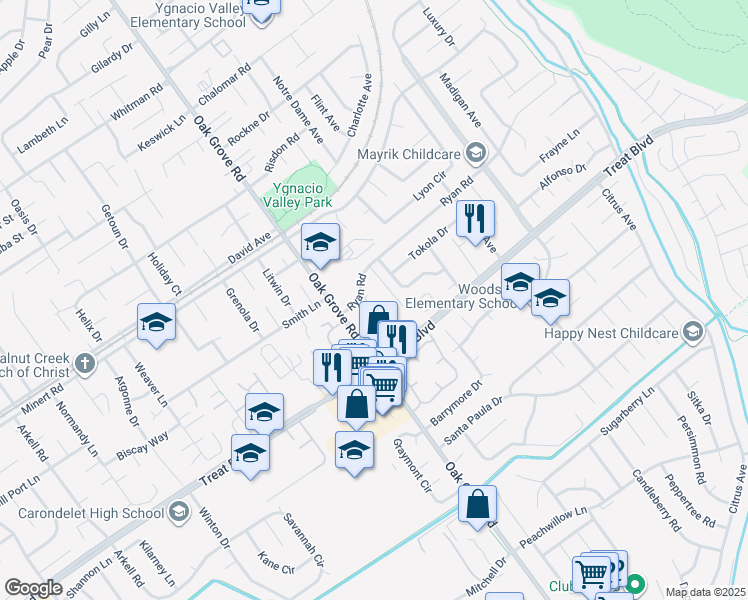 map of restaurants, bars, coffee shops, grocery stores, and more near 2520 Ryan Road in Concord