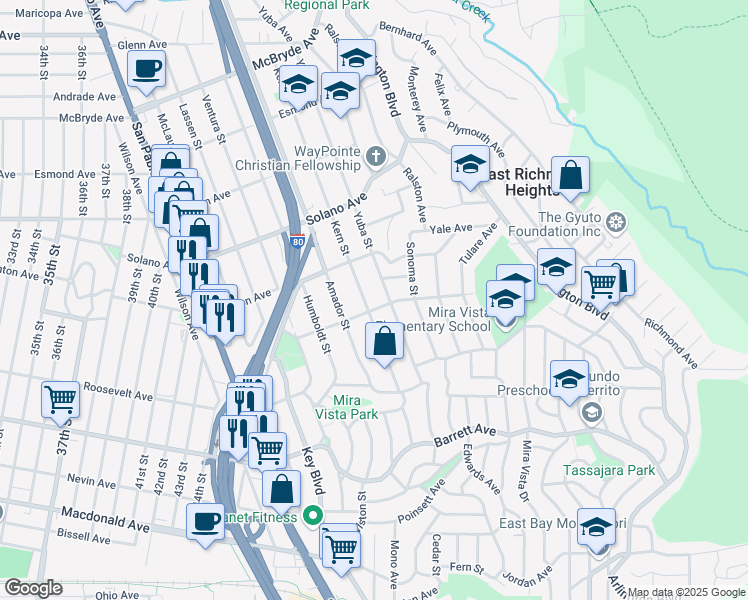map of restaurants, bars, coffee shops, grocery stores, and more near 668 Kern Street in Richmond