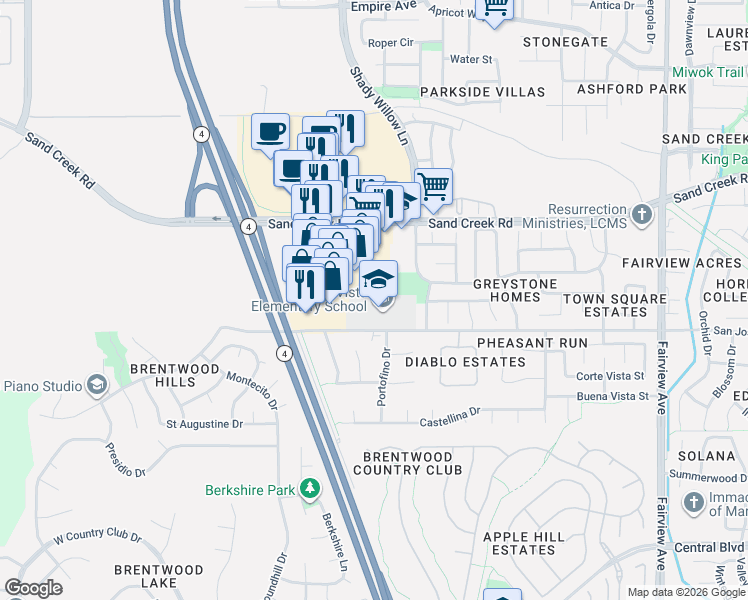 map of restaurants, bars, coffee shops, grocery stores, and more near 2110 San Jose Avenue in Brentwood