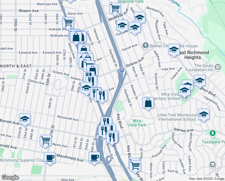 map of restaurants, bars, coffee shops, grocery stores, and more near 5112 Clinton Avenue in Richmond