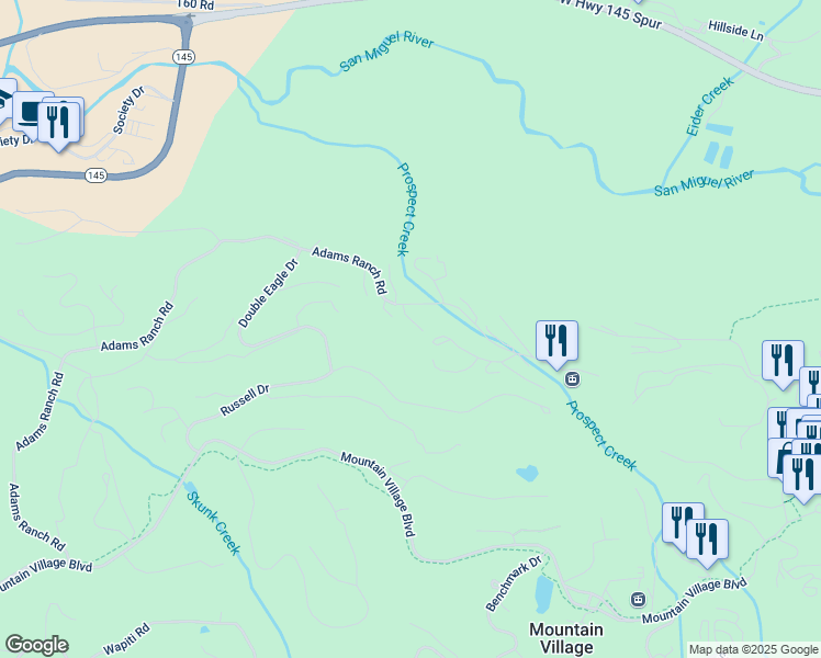 map of restaurants, bars, coffee shops, grocery stores, and more near 306 Adams Ranch Road in Mountain Village