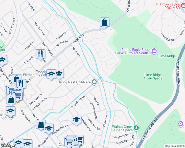 map of restaurants, bars, coffee shops, grocery stores, and more near 708 Citrus Avenue in Concord