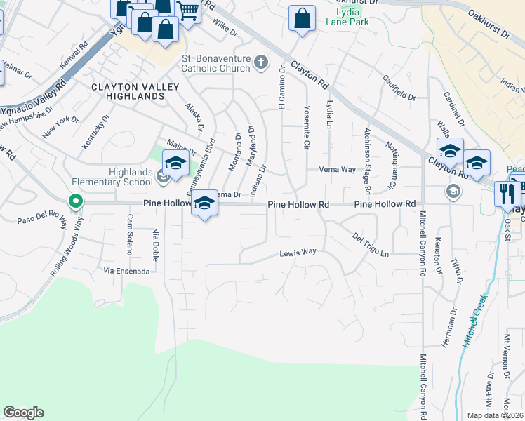 map of restaurants, bars, coffee shops, grocery stores, and more near 5595 Banff Court in Concord