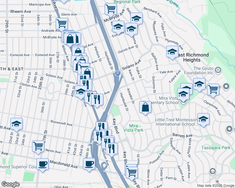 map of restaurants, bars, coffee shops, grocery stores, and more near 5238 Clinton Avenue in Richmond
