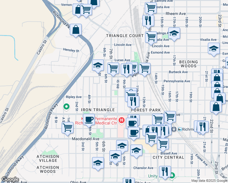map of restaurants, bars, coffee shops, grocery stores, and more near 720 Elm Avenue in Richmond