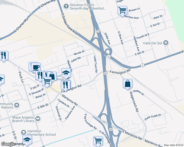 map of restaurants, bars, coffee shops, grocery stores, and more near 3319 Farmington Road in Stockton