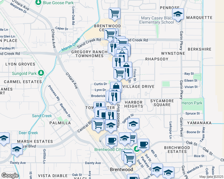 map of restaurants, bars, coffee shops, grocery stores, and more near 1350 Berry Lane in Brentwood