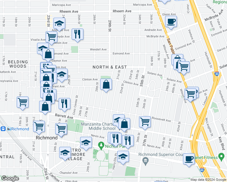 map of restaurants, bars, coffee shops, grocery stores, and more near 659 31st Street in Richmond