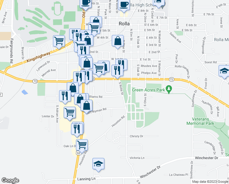 map of restaurants, bars, coffee shops, grocery stores, and more near 16 Southbrook Drive in Rolla