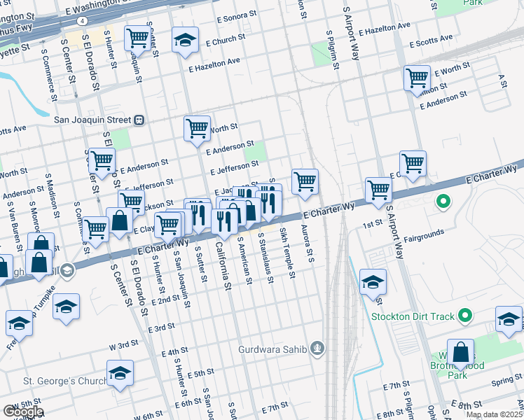 map of restaurants, bars, coffee shops, grocery stores, and more near 1318 S Stanislaus St in Stockton