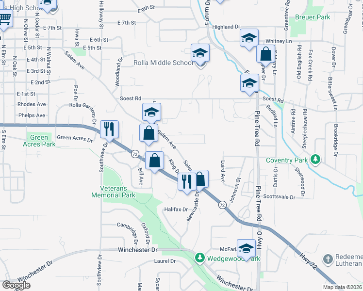 map of restaurants, bars, coffee shops, grocery stores, and more near 1101 Elliott Drive in Rolla
