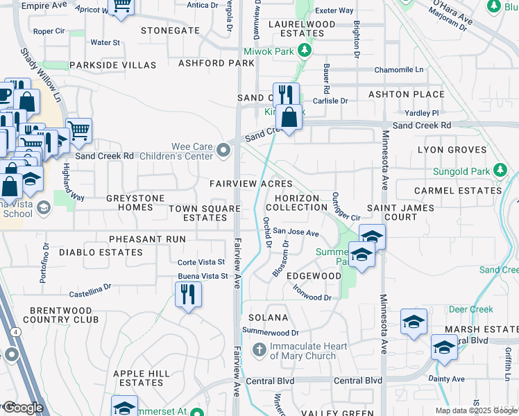 map of restaurants, bars, coffee shops, grocery stores, and more near 1091 Orchid Drive in Brentwood