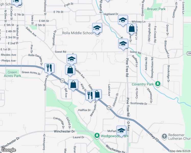 map of restaurants, bars, coffee shops, grocery stores, and more near 1205 Elliott Drive in Rolla