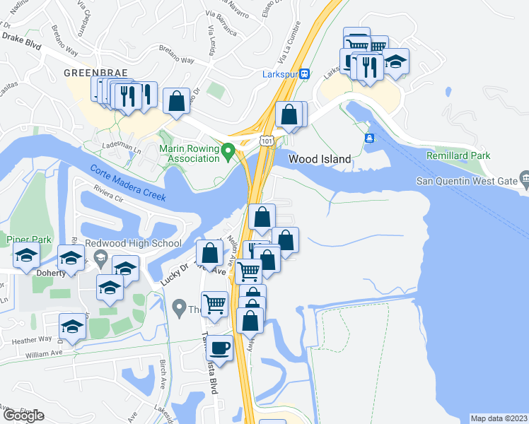 map of restaurants, bars, coffee shops, grocery stores, and more near Redwood Highway in Larkspur