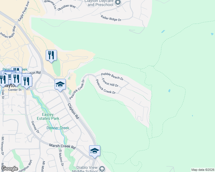 map of restaurants, bars, coffee shops, grocery stores, and more near 108 Forest Hill Drive in Clayton