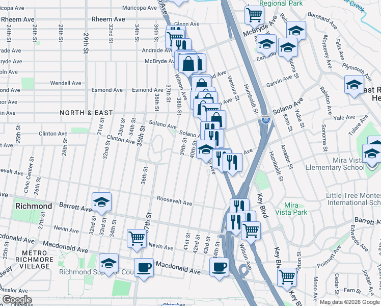 map of restaurants, bars, coffee shops, grocery stores, and more near 701 40th Street in Richmond